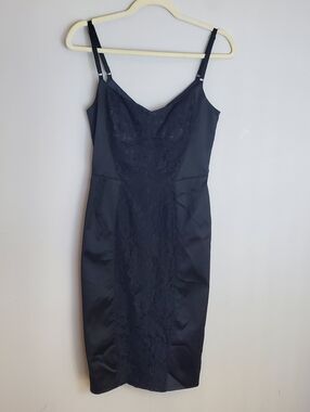 Dolce & Gabbana Satin Spaghetti Strap Dress Black Lace-Panel Size 40